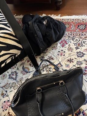 GUESS Black Textured Tote with Gold-Tone Hardware and Striped Trim